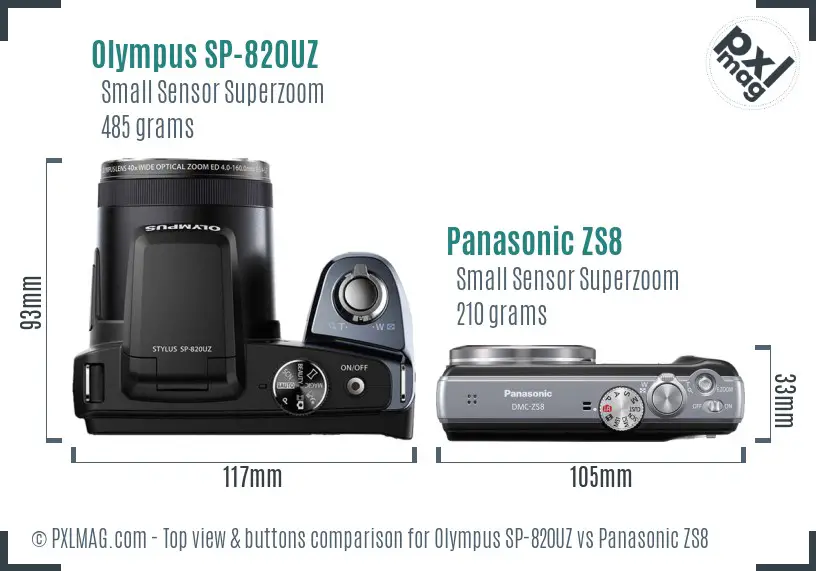 Olympus SP-820UZ vs Panasonic ZS8 top view buttons comparison