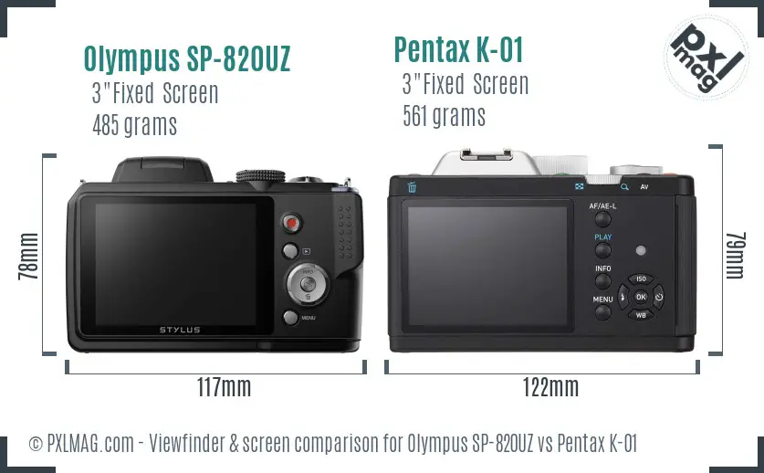 Olympus SP-820UZ vs Pentax K-01 Screen and Viewfinder comparison