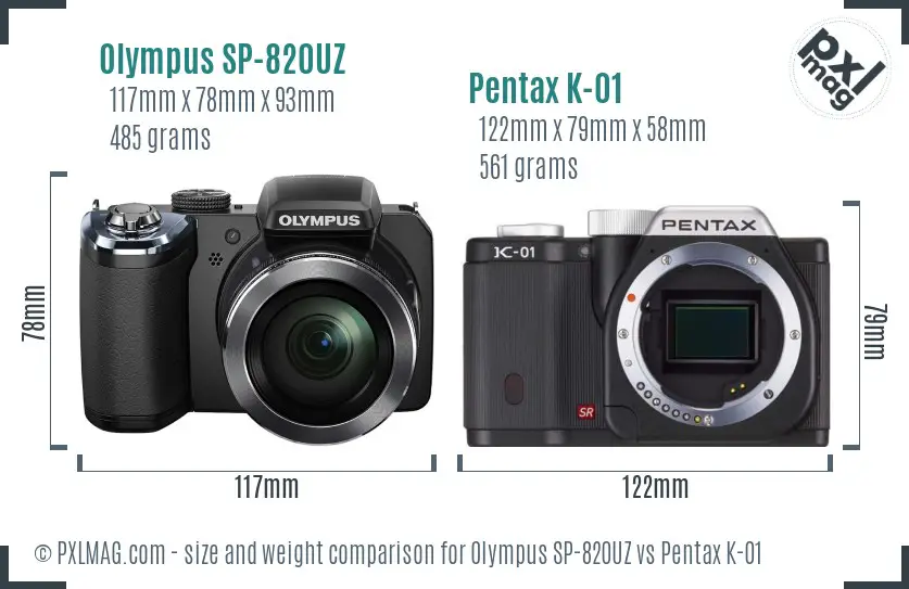 Olympus SP-820UZ vs Pentax K-01 size comparison