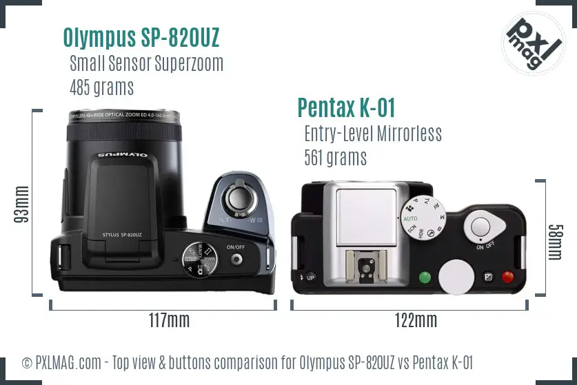 Olympus SP-820UZ vs Pentax K-01 top view buttons comparison