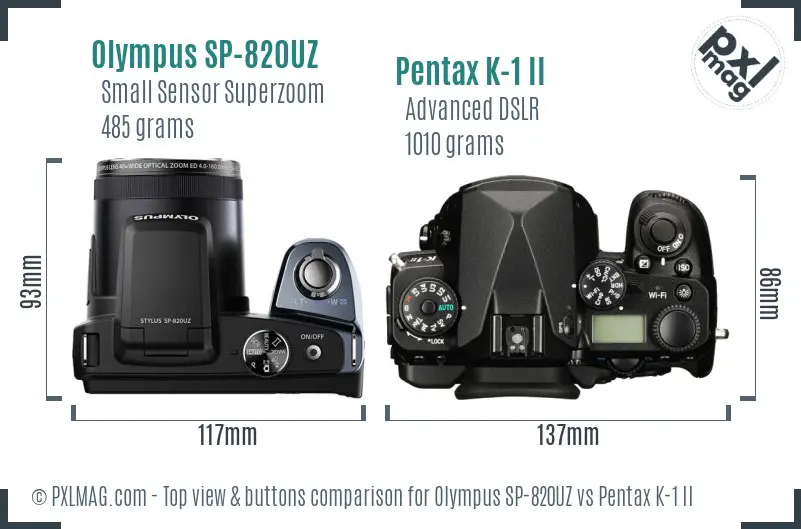 Olympus SP-820UZ vs Pentax K-1 II top view buttons comparison