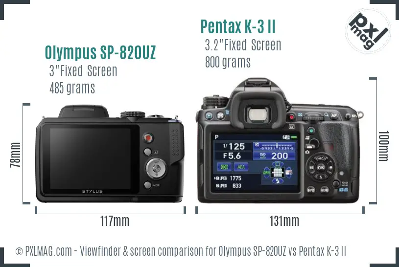 Olympus SP-820UZ vs Pentax K-3 II Screen and Viewfinder comparison