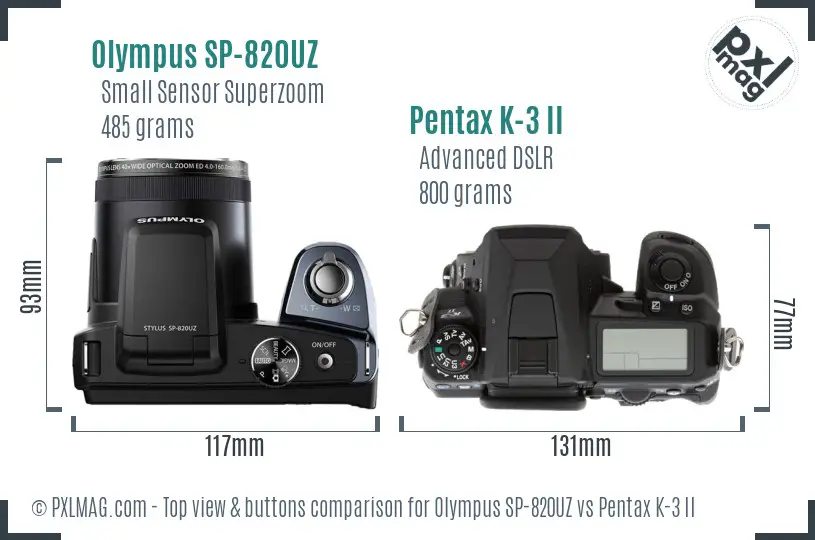 Olympus SP-820UZ vs Pentax K-3 II top view buttons comparison