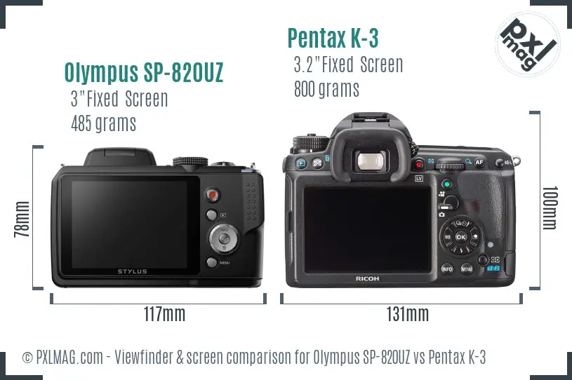 Olympus SP-820UZ vs Pentax K-3 Screen and Viewfinder comparison