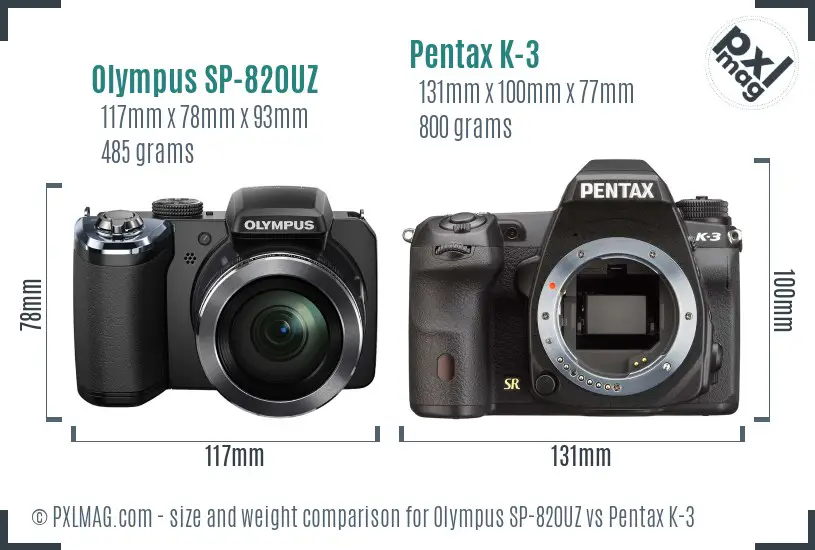 Olympus SP-820UZ vs Pentax K-3 size comparison