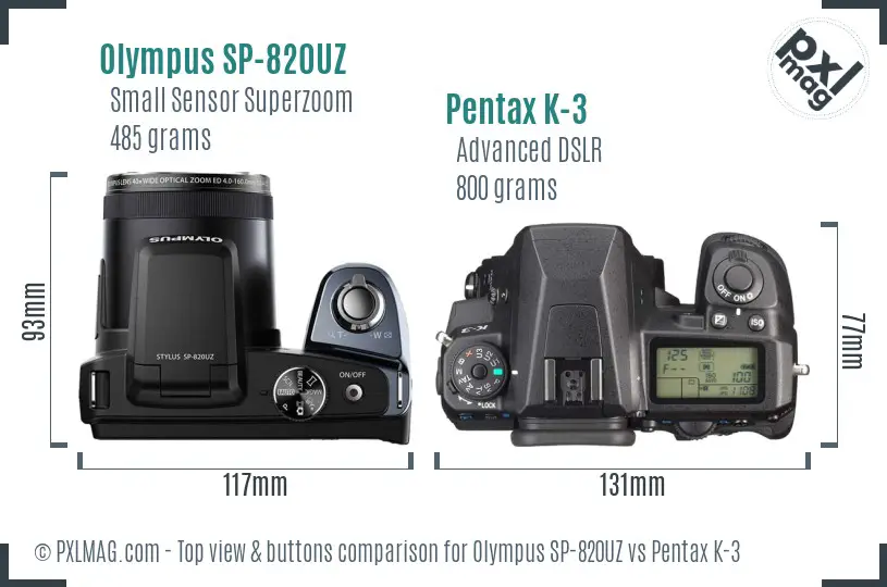 Olympus SP-820UZ vs Pentax K-3 top view buttons comparison