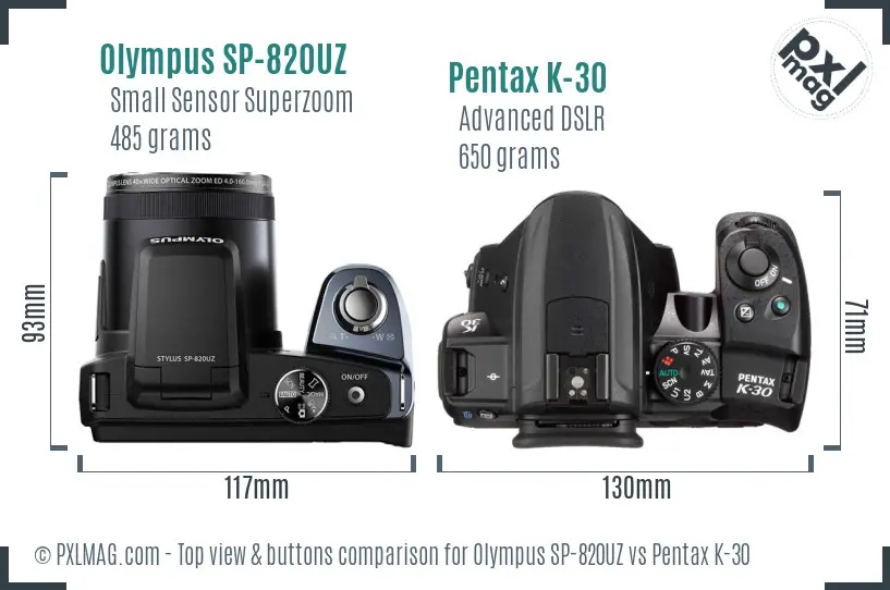 Olympus SP-820UZ vs Pentax K-30 top view buttons comparison