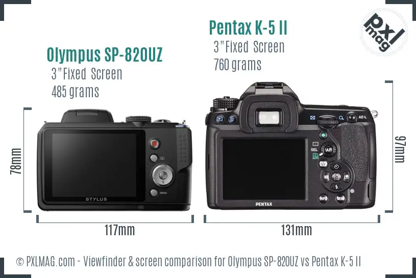 Olympus SP-820UZ vs Pentax K-5 II Screen and Viewfinder comparison