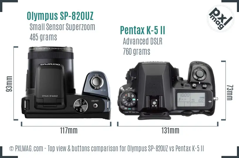 Olympus SP-820UZ vs Pentax K-5 II top view buttons comparison