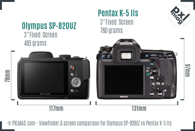 Olympus SP-820UZ vs Pentax K-5 IIs Screen and Viewfinder comparison