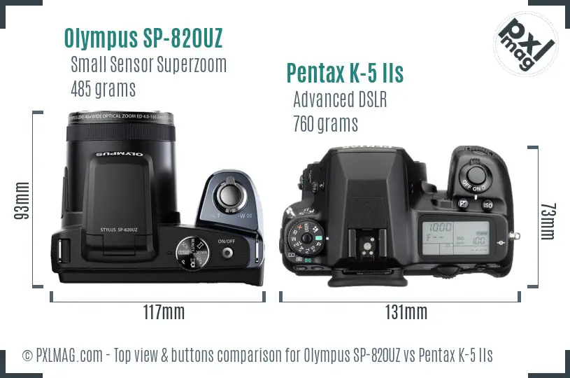 Olympus SP-820UZ vs Pentax K-5 IIs top view buttons comparison