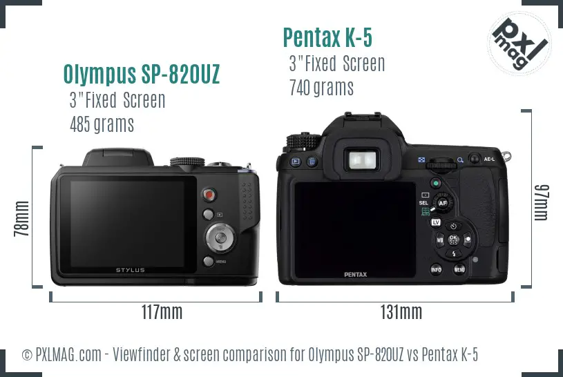 Olympus SP-820UZ vs Pentax K-5 Screen and Viewfinder comparison
