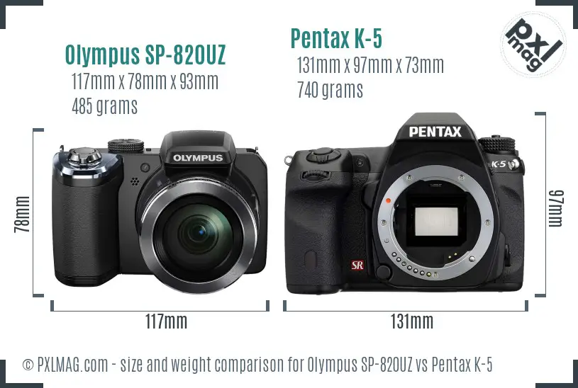 Olympus SP-820UZ vs Pentax K-5 size comparison