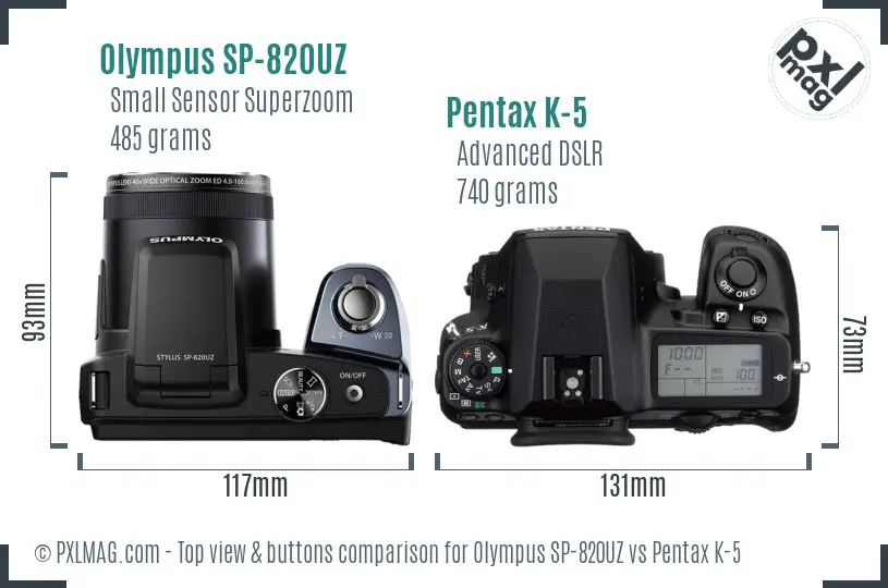 Olympus SP-820UZ vs Pentax K-5 top view buttons comparison