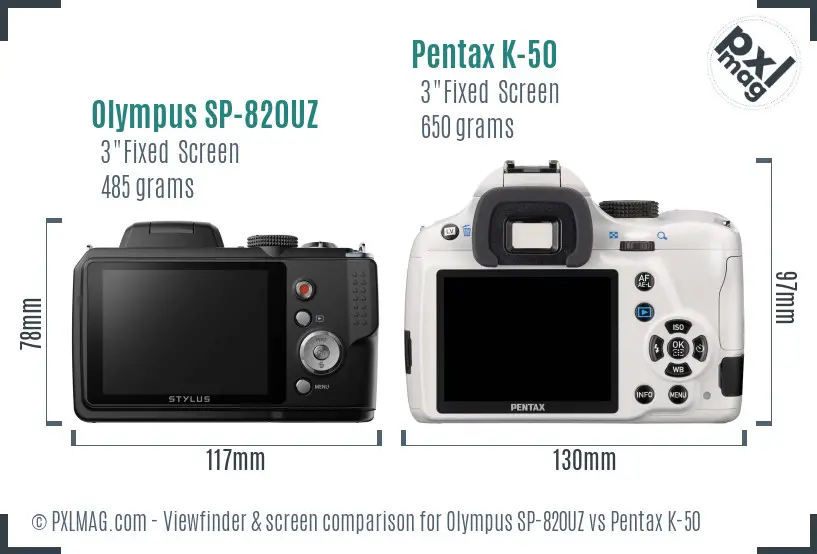 Olympus SP-820UZ vs Pentax K-50 Screen and Viewfinder comparison