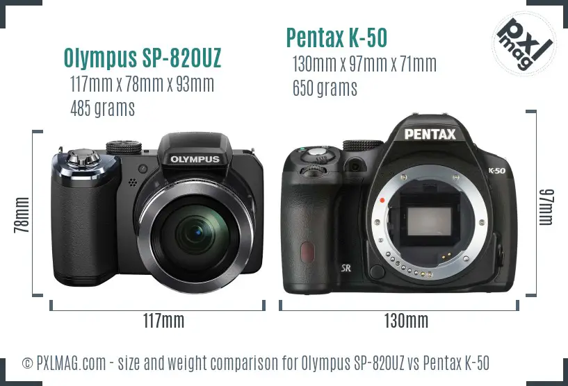 Olympus SP-820UZ vs Pentax K-50 size comparison