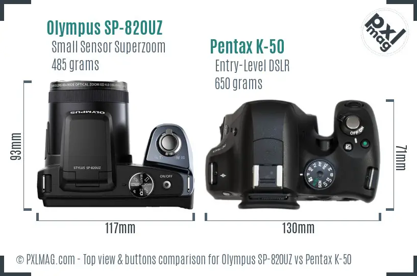 Olympus SP-820UZ vs Pentax K-50 top view buttons comparison