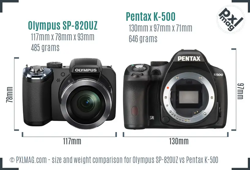 Olympus SP-820UZ vs Pentax K-500 size comparison