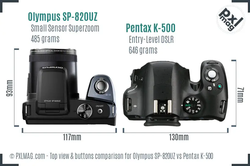 Olympus SP-820UZ vs Pentax K-500 top view buttons comparison