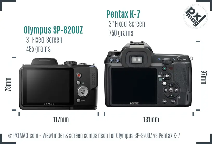 Olympus SP-820UZ vs Pentax K-7 Screen and Viewfinder comparison