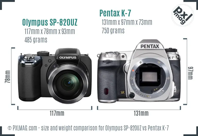 Olympus SP-820UZ vs Pentax K-7 size comparison