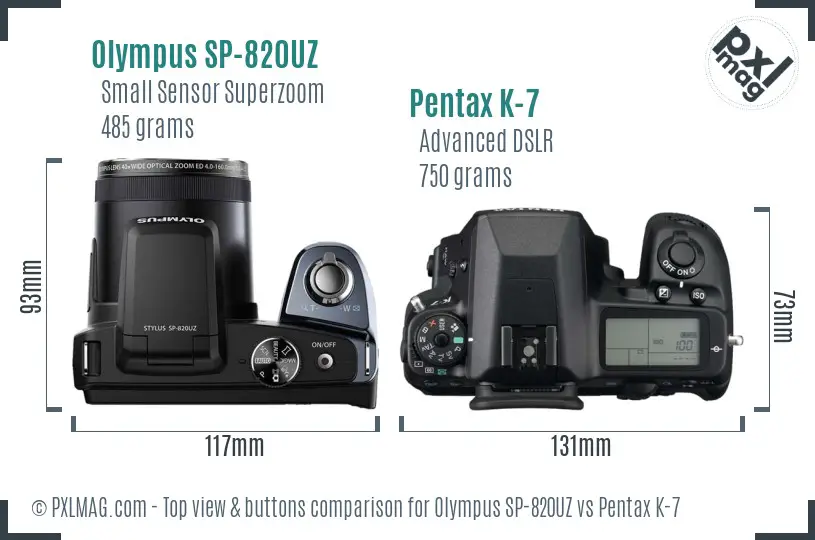 Olympus SP-820UZ vs Pentax K-7 top view buttons comparison