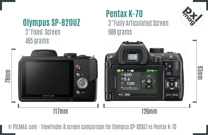 Olympus SP-820UZ vs Pentax K-70 Screen and Viewfinder comparison