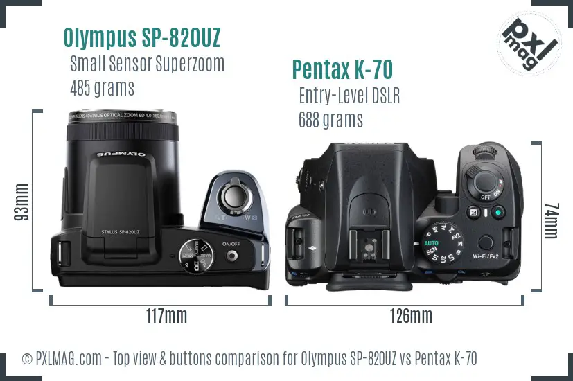 Olympus SP-820UZ vs Pentax K-70 top view buttons comparison
