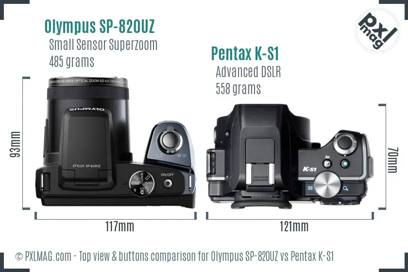 Olympus SP-820UZ vs Pentax K-S1 top view buttons comparison