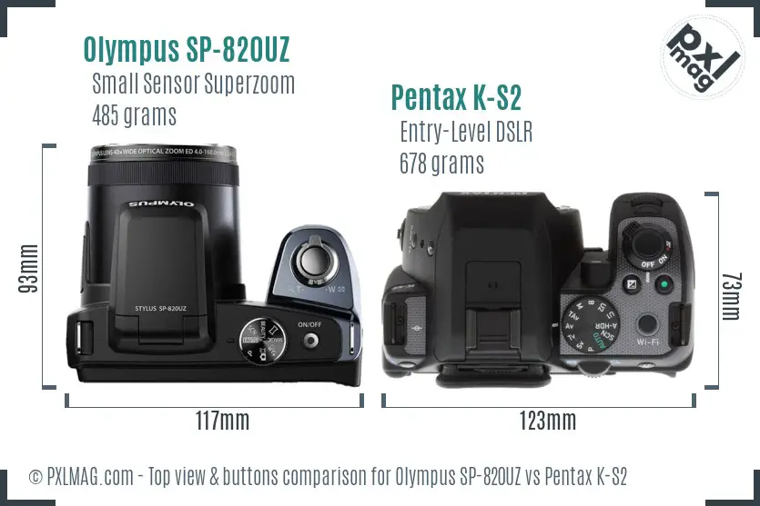 Olympus SP-820UZ vs Pentax K-S2 top view buttons comparison