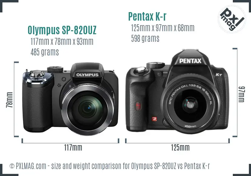 Olympus SP-820UZ vs Pentax K-r size comparison