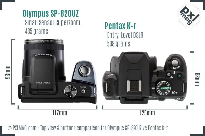 Olympus SP-820UZ vs Pentax K-r top view buttons comparison