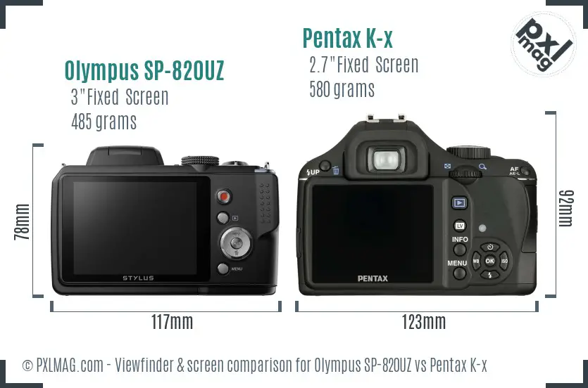 Olympus SP-820UZ vs Pentax K-x Screen and Viewfinder comparison