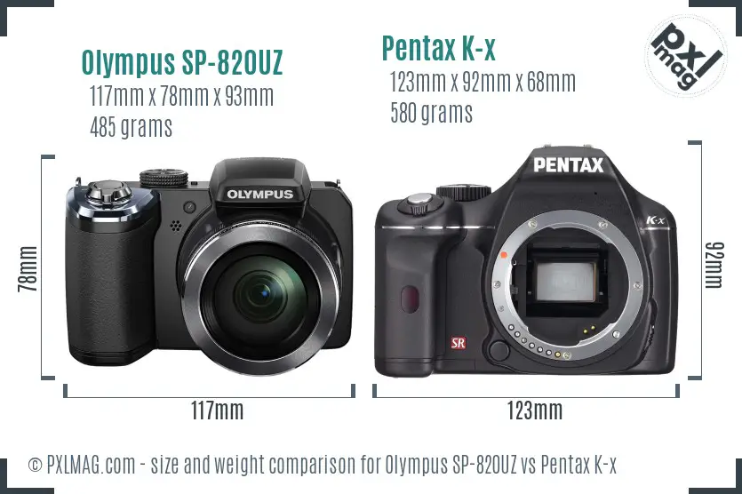 Olympus SP-820UZ vs Pentax K-x size comparison