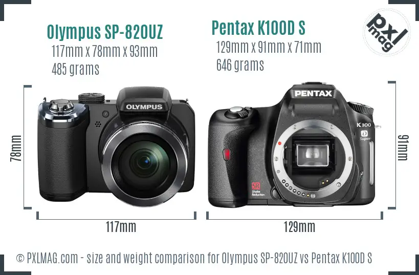 Olympus SP-820UZ vs Pentax K100D S size comparison
