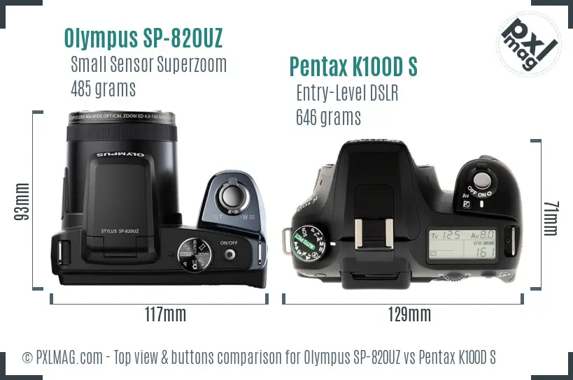 Olympus SP-820UZ vs Pentax K100D S top view buttons comparison