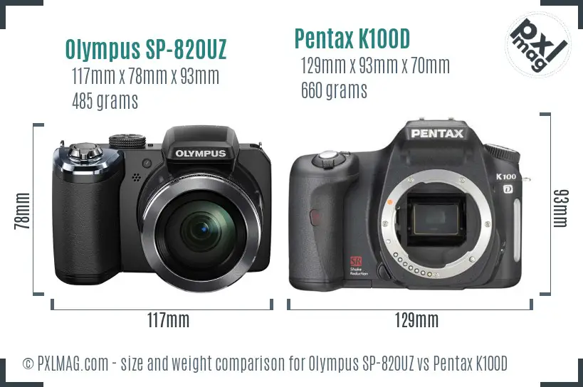 Olympus SP-820UZ vs Pentax K100D size comparison