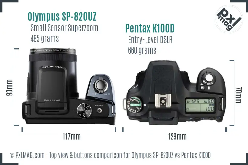 Olympus SP-820UZ vs Pentax K100D top view buttons comparison