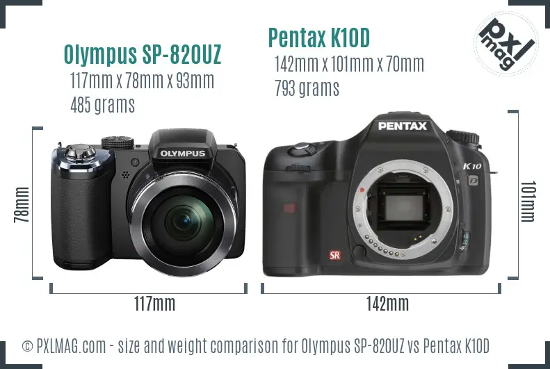 Olympus SP-820UZ vs Pentax K10D size comparison
