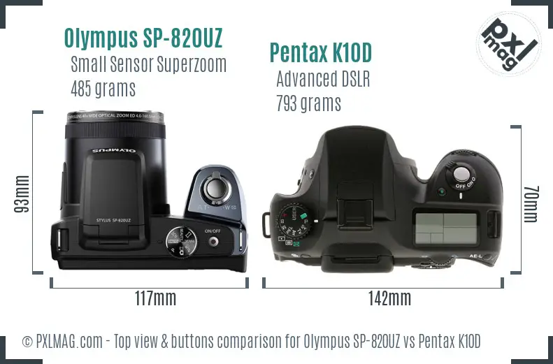 Olympus SP-820UZ vs Pentax K10D top view buttons comparison
