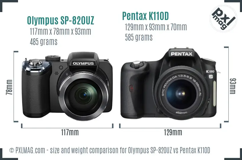 Olympus SP-820UZ vs Pentax K110D size comparison