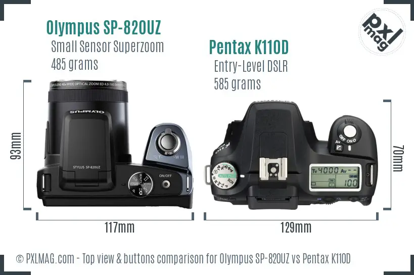 Olympus SP-820UZ vs Pentax K110D top view buttons comparison