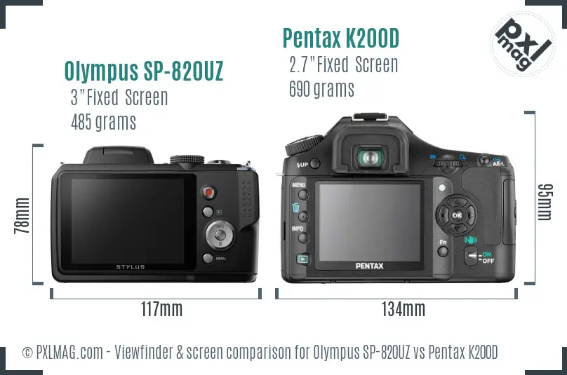 Olympus SP-820UZ vs Pentax K200D Screen and Viewfinder comparison