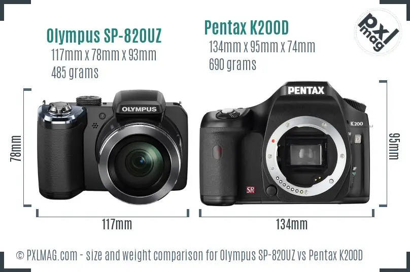 Olympus SP-820UZ vs Pentax K200D size comparison