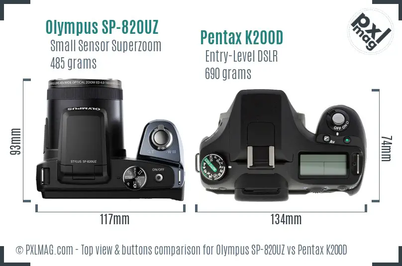 Olympus SP-820UZ vs Pentax K200D top view buttons comparison
