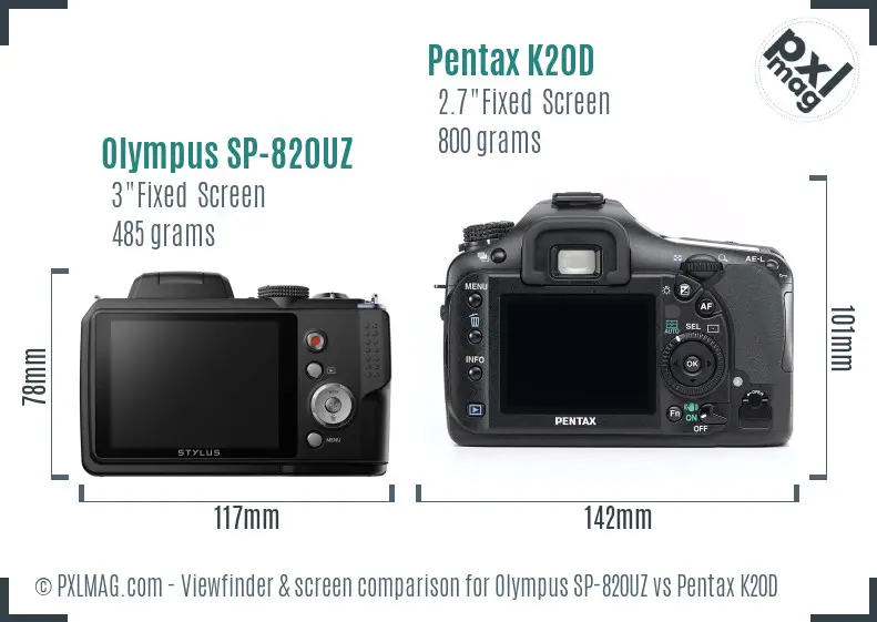 Olympus SP-820UZ vs Pentax K20D Screen and Viewfinder comparison