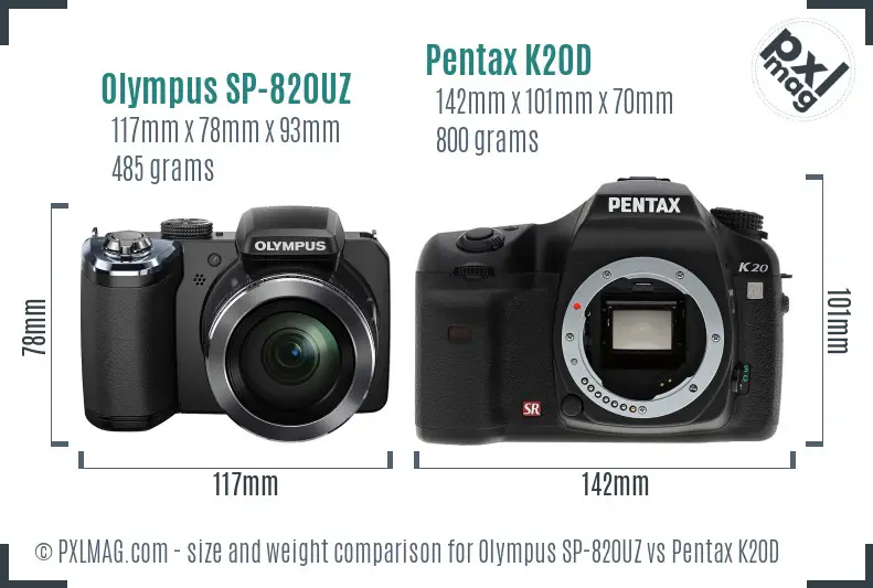 Olympus SP-820UZ vs Pentax K20D size comparison