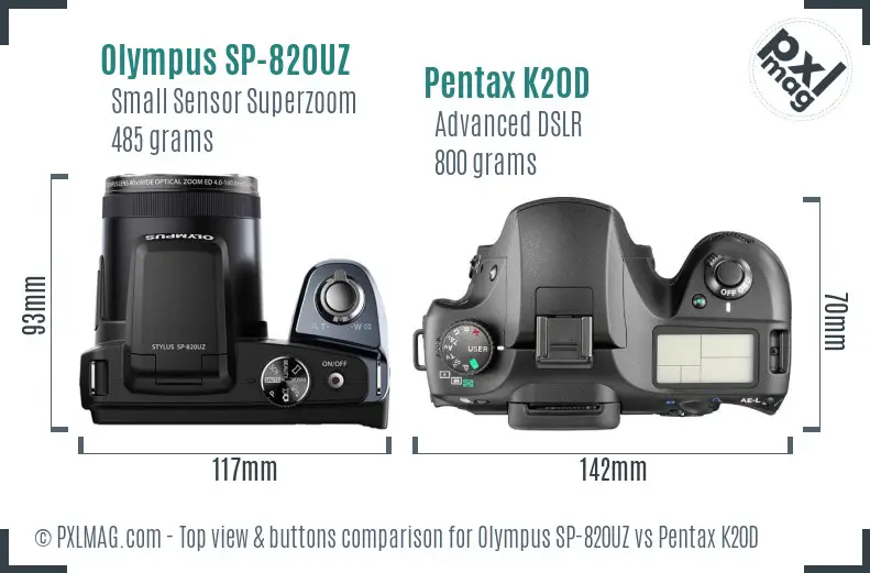 Olympus SP-820UZ vs Pentax K20D top view buttons comparison