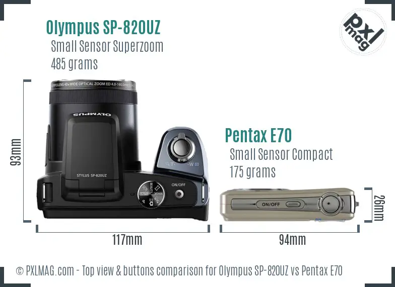 Olympus SP-820UZ vs Pentax E70 top view buttons comparison