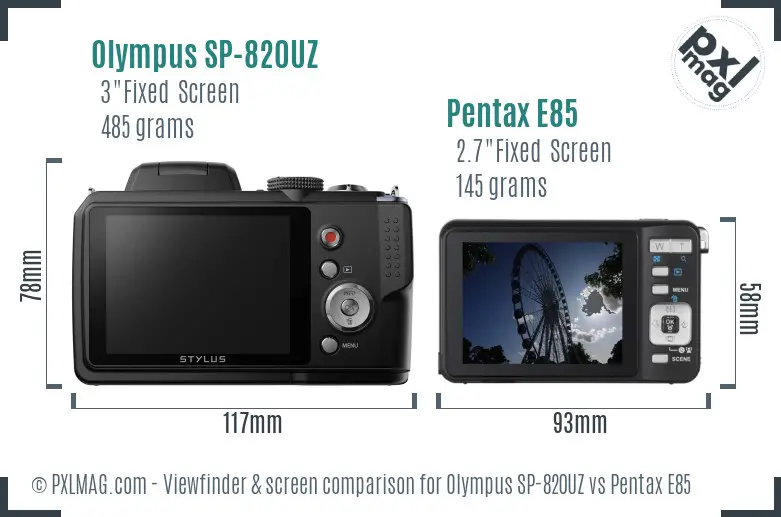 Olympus SP-820UZ vs Pentax E85 Screen and Viewfinder comparison